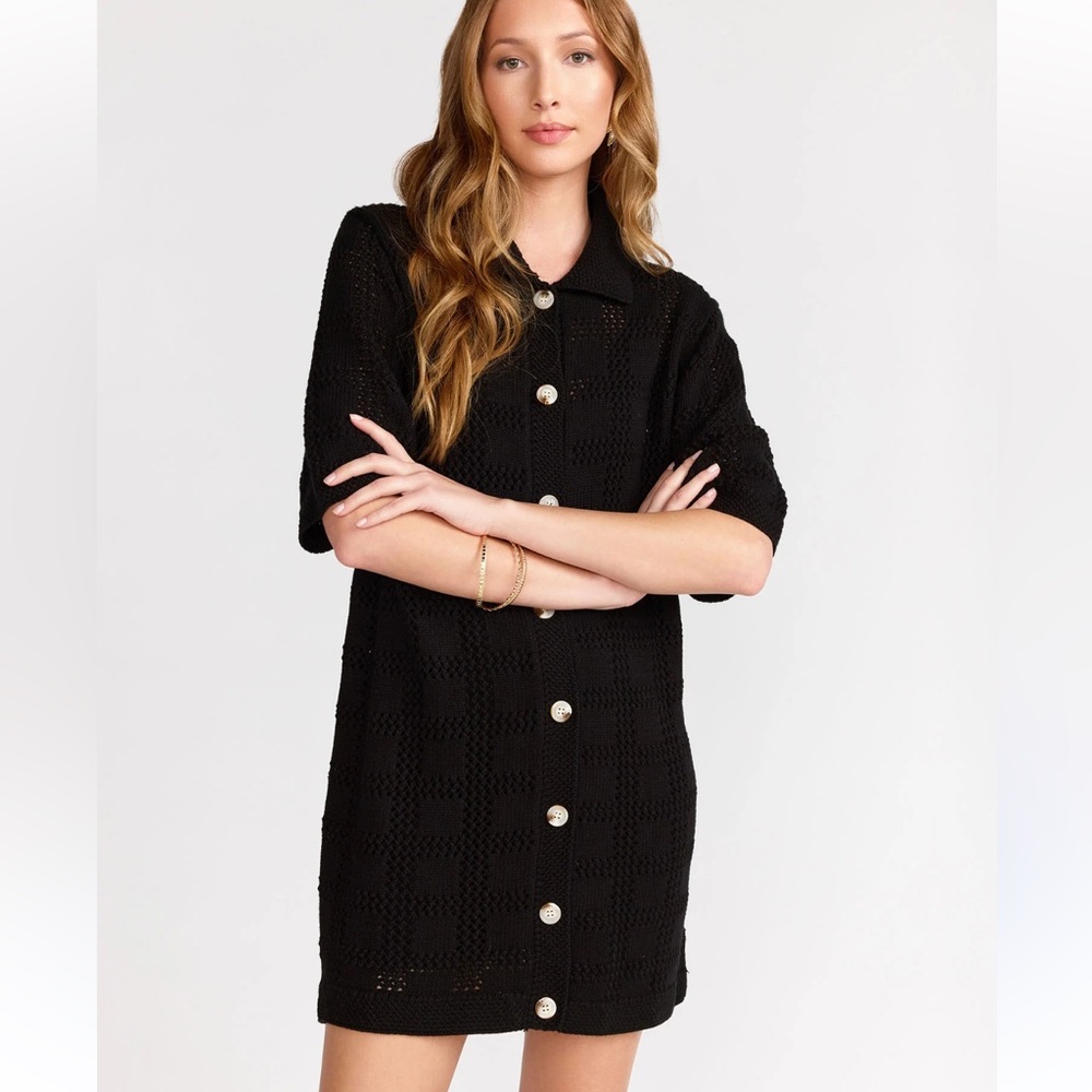 NWT Aaron & Amber black crochet knit button-down mini dress/cover-up sz L